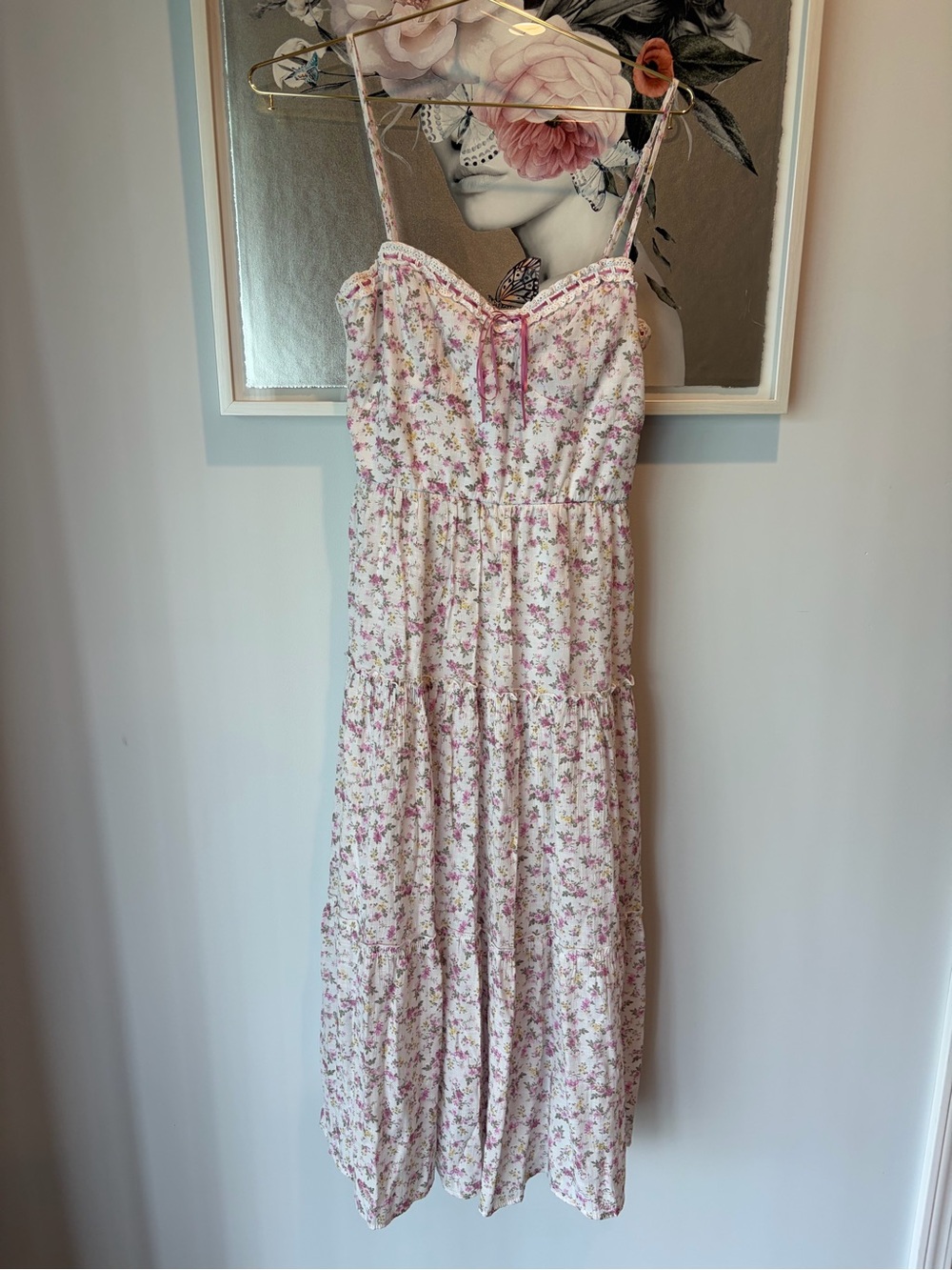 NWOT Row A Cottage Tiered Floral Pink Midi Sundress with Lace Trim - Picture 2 of 6